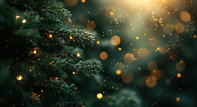 A close-up photo of a frosted evergreen branch adorned with string lights, captured against a bokeh background of twinkling lights