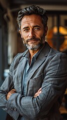 Obraz premium Portrait photography of a successful middle aged businessman consultant looking at camera and smiling inside modern office building
