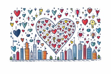 Obraz premium Heart shape made up of smaller hearts representing love and community in a vibrant cityscape with colorful buildings