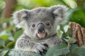 Fototapeta premium Adorable baby koala peeking out from the safety of its mother's pouch.