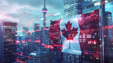 Canadian flag and stock market data on digital screen over cityscape background