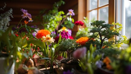 Gardening in the house close up of flowers and small trees