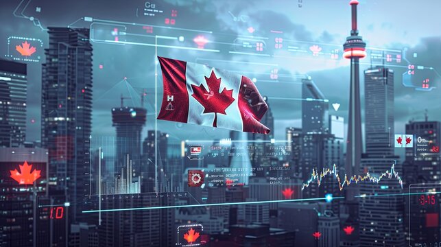 Map and flag of Canada on the background of the night city. The concept of stock market research and trading. - Powered by Adobe
