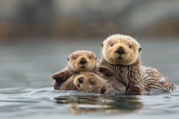 Adorable baby sea otter floating on its mother's belly.