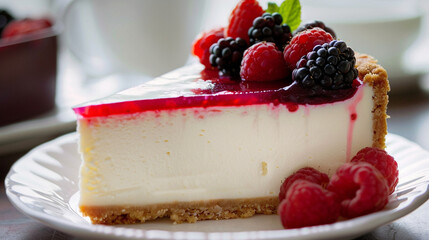 Close-up of a slice of cheesecake with a berry topping