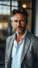 Obraz premium Portrait photography of a successful middle aged businessman consultant looking at camera and smiling inside modern office building