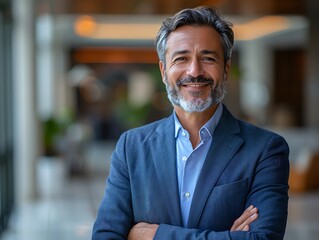 Obraz premium Portrait photography of a successful middle aged businessman consultant looking at camera and smiling inside modern office building