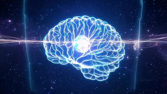 Brains connected by quantum consciousness graphic of vectors connecting neurons in the brain through outer space.