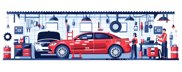 Fototapeta premium A man and a woman are working on a red car in a garage. The car is parked in the middle of the garage, and there are several tools and equipment around it
