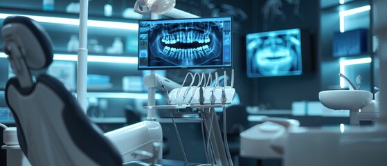 AI-driven dental diagnostics, modern clinic, advanced technology, innovative care, futuristic design