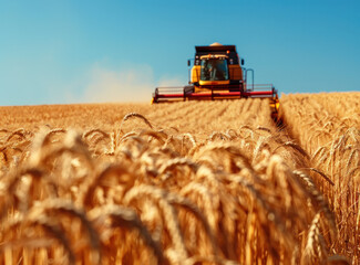 Obraz premium A combine harvester cuts through a field of golden wheat during a sunny day