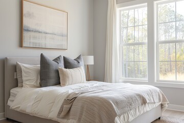 A large bed with a white comforter and pillows