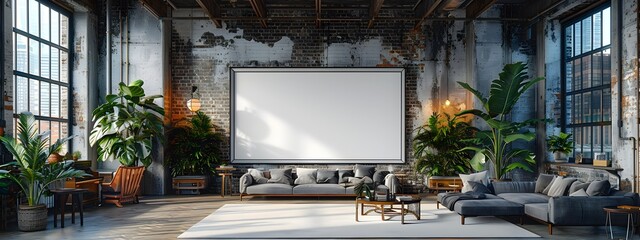 Sleek Metal Frame Mockup Inside Moody Loft Style Interior With High Ceilings And Exposed Brick