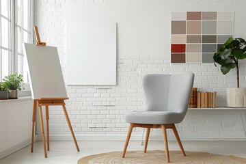 A white room with a grey chair and a white easel
