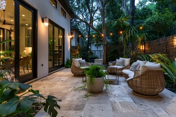Modern patio featuring limestone flooring, drenched in natural light, chic seating, encircled by vibrant plants, lights, and wicker chairs for a warm summer's night..