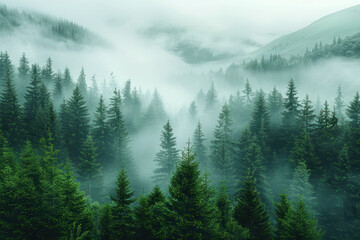 Obraz premium A dense forest of evergreen trees is enveloped in a thick layer of fog, creating a tranquil and ethereal atmosphere