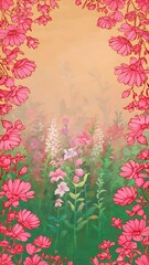 Pink and green field flowers frame on beige background