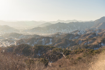 view from above on Mu tian Yu cable cars and valley