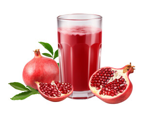 a glass of pomegranate juice and a cut pomegranate