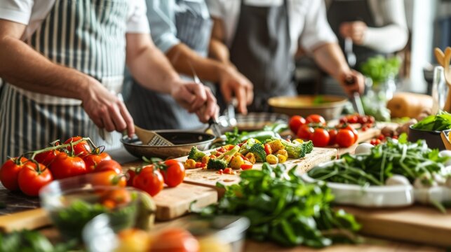 In a kitchen workshop, students learning to cook use fresh tomatoes, broccoli, and vegetables. Close-up shows ingredients scattered on table