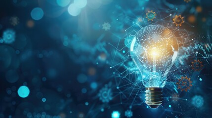 Fototapeta premium Digital innovation, light bulb and gears, abstract background, idea concept, high-tech design
