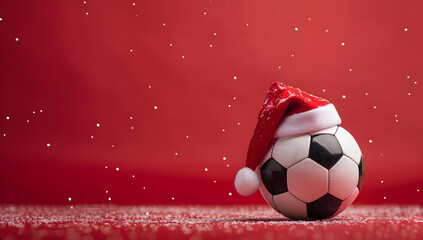 Festive soccer ball with a Santa hat on a red background, surrounded by falling snowflakes. Perfect for holiday-themed sports content.