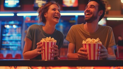 A joyful moment captured as two friends share a laugh at the concession stand, their faces lit with happiness, a couple buying buckets of popcorn in the buffet of a movie theater