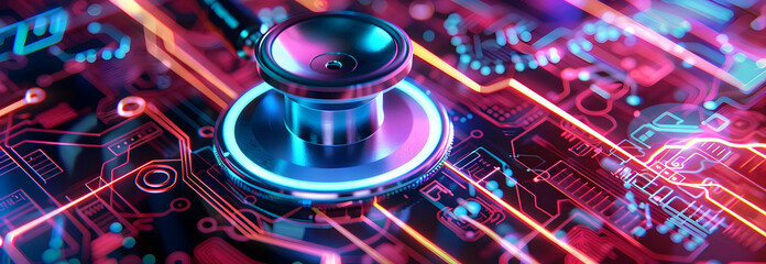 Futuristic image of a stethoscope on a glowing electronic circuit board symbolizing the intersection of healthcare and technology.