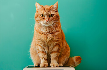 Ginger cat sitting against a teal background, captured in a still moment. Perfect for pet and feline-themed stock photos.