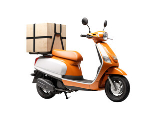 a orange and white scooter with a box on the back