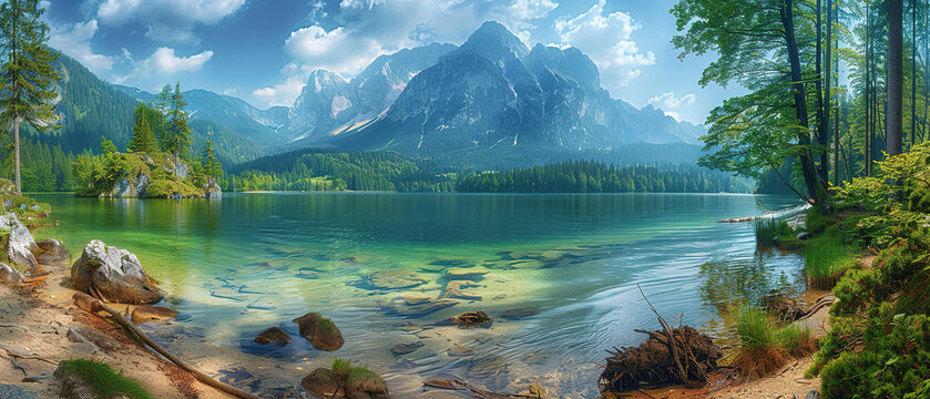 Beautiful summer scene of a lake. Colorful view of beutiful mountains