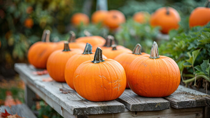 A close-up image of several ripe orange pumpkins displayed on a weathered wooden table