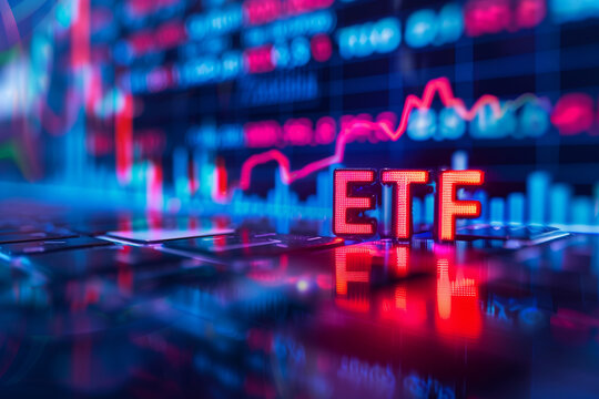 Letters ETF on stock finance or trading chart analysis, exchange-traded funds background