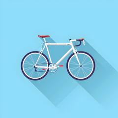 Minimalist vector illustration of a vintage bicycle with long shadow effect on a light blue background.