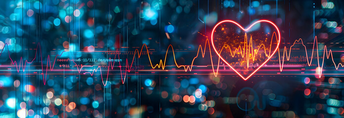 Neon heart shape and ECG lines on digital background, symbolizing healthcare technology advancements and heart health monitoring innovations.