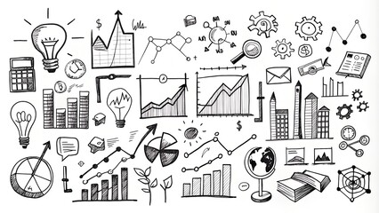 Naklejka premium Hand-drawn doodles of business and analysis concepts on a white background charts, and equations etc