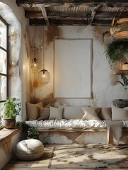 Mockup of a cozy farmhouse inspired breakfast nook with a built in banquette pendant lighting and fresh herbs on the window sill featuring a warm