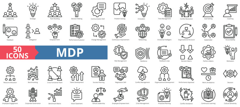 Management development program of mdp concept icon collection set. Containing leadership, strategic, team building, decision making, communication skill icon. Simple line vector.