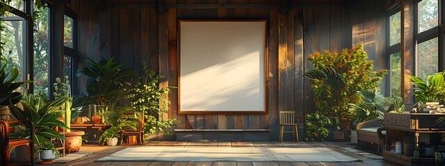 Fototapeta premium Mockup of a serene and cozy rustic farmhouse interior setting with a white background frame warm wooden accents soft indirect lighting and an inviting country chic ambiance