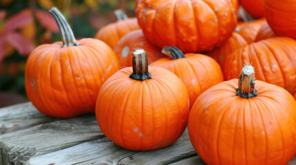 A close-up photo of several pumpkins, some small, some large, sitting on a wooden surface