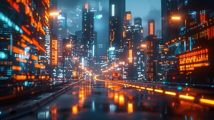 Fototapeta premium Futuristic cityscape at night with neon-lit skyscrapers and wet streets reflecting vibrant colors, evoking a cyberpunk atmosphere. 