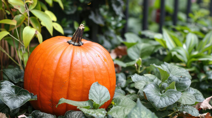 An orange pumpkin sits amidst lush green foliage, showcasing the vibrant colors of autumn