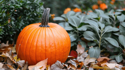 A large, ripe orange pumpkin sits among fallen leaves and green bushes in a scenic autumn setting