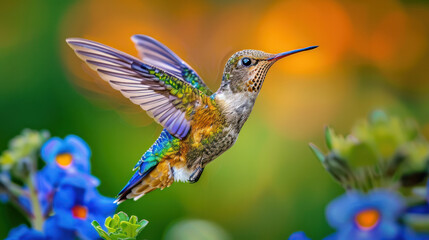 Fototapeta premium A vibrant hummingbird hovers in mid-air, its wings spread wide as it searches for nectar from a nearby blue flower