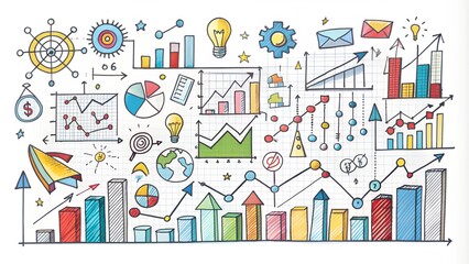 Hand-drawn doodles of business and analysis concepts on a white background charts, and equations etc