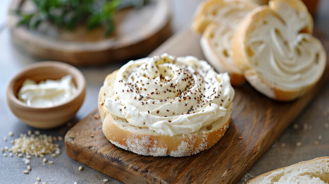 Creamy dairy-free cream cheese is spread on a gluten-free bagel slice.