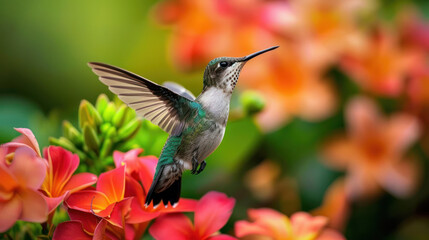 Naklejka premium A hummingbird hovers in mid-flight over a bed of red and orange flowers, its wings spread wide