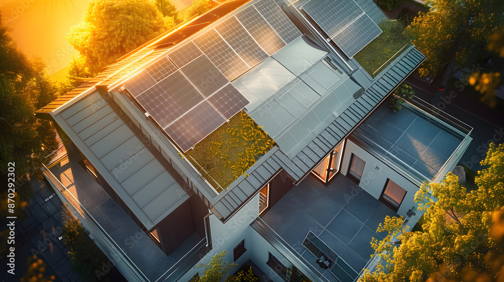 Wall mural photovoltaic solar panels in modern house roof. sustainable energy concept. generative ai