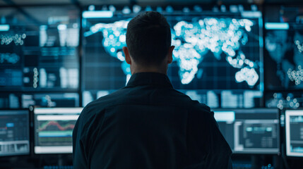 A security professional oversees numerous displays in a high-tech security operations center, emphasizing the importance of surveillance and data protection.