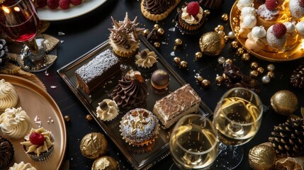 Sparkling treats like confetti cookies and glittery cake pops adorn a festive New Year's Eve dessert tray